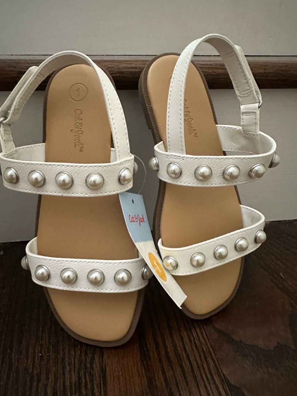 Girls Size 1 NEW Cat & Jack White Pearl-Studded Double-Strap Sandals